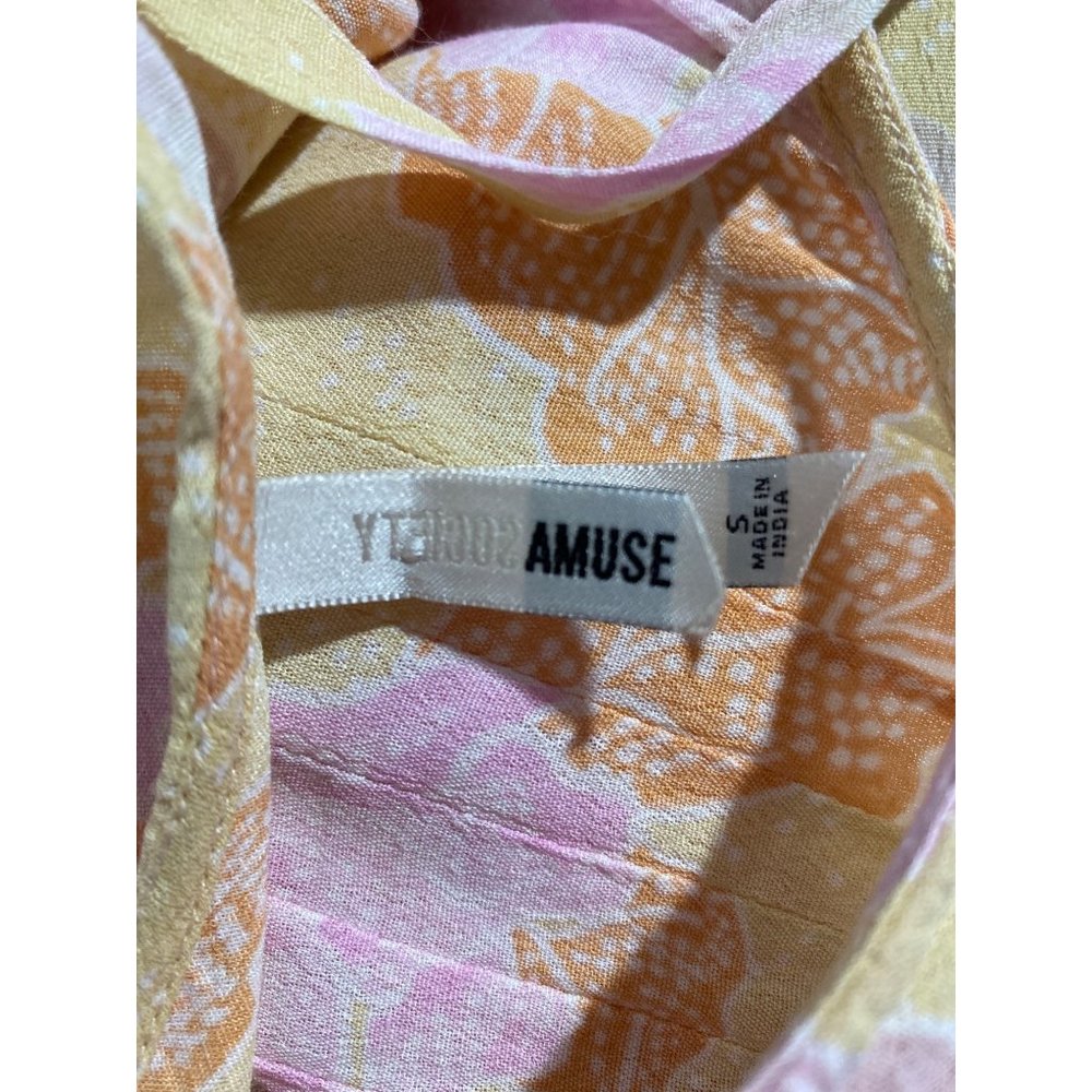 Amuse Society S Button Down Shirt‎ Blouse Viscose Pastel Pink Yellow Orange Belt - Picture 5 of 9